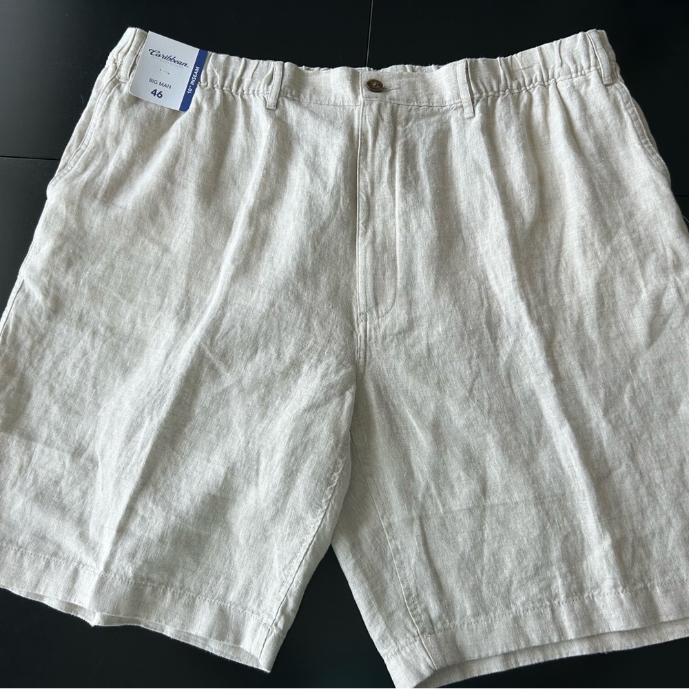 Caribbean Linen Shorts Men’s 46 Belt Loops With Elastic Waist‎ 10” Inseam Beige